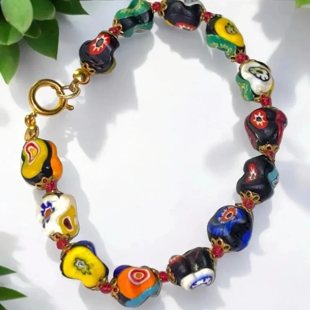 Vintage Millefiori Bead Beaded Polymer Clay Gold Tone Bracelet